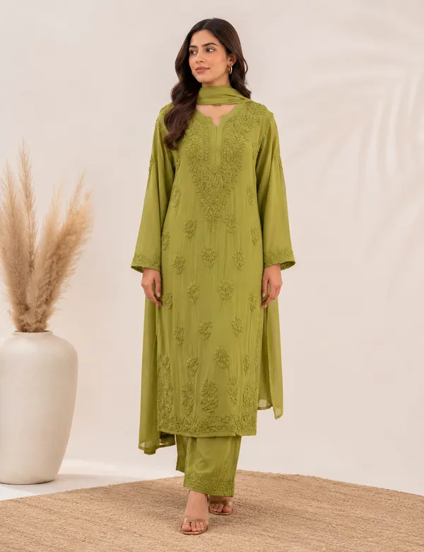 Olive_Green_Georgette_Chikankari_Embroidery_Kurta_With_Pant_And_Dupatta_For_Women