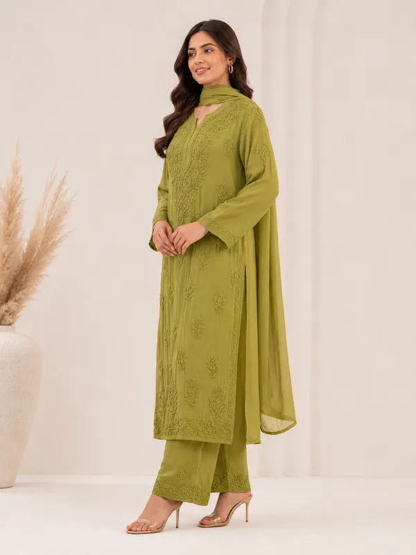 Olive_Green_Georgette_Chikankari_Embroidery_Kurta_With_Pant_And_Dupatta_For_Women