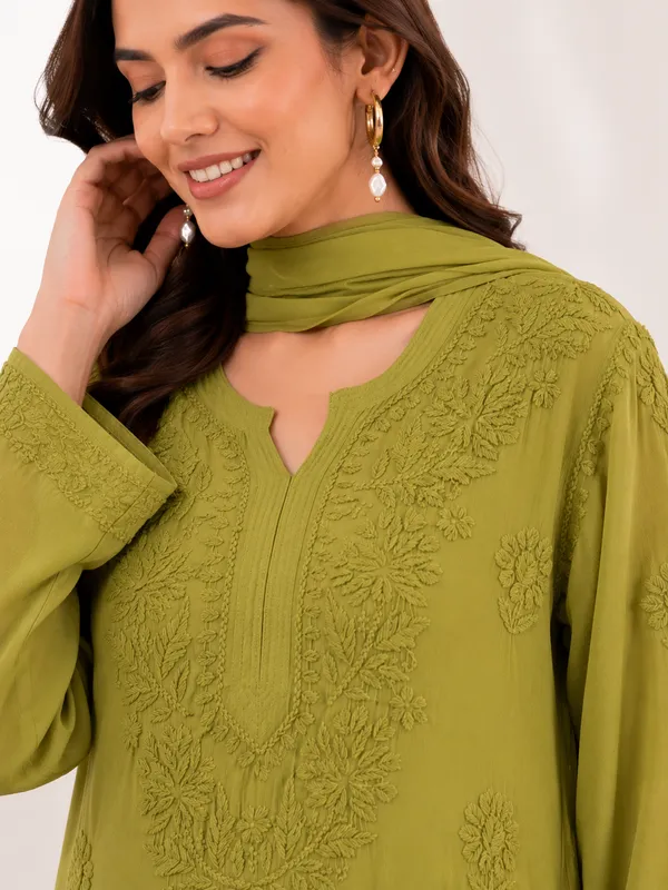 Olive_Green_Georgette_Chikankari_Embroidery_Kurta_With_Pant_And_Dupatta_For_Women