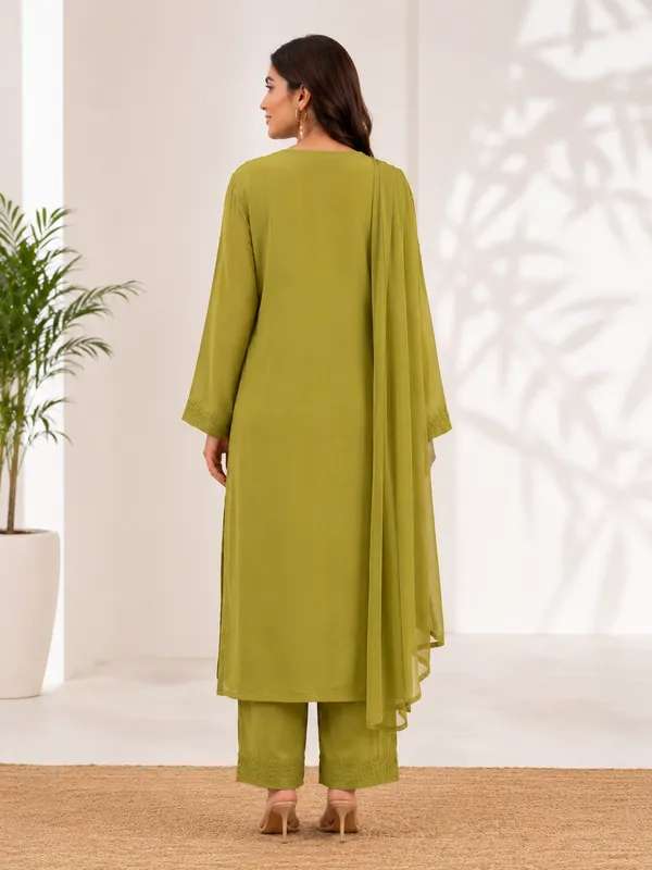 Olive_Green_Georgette_Chikankari_Embroidery_Kurta_With_Pant_And_Dupatta_For_Women