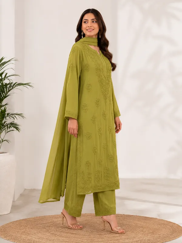 Olive_Green_Georgette_Chikankari_Embroidery_Kurta_With_Pant_And_Dupatta_For_Women