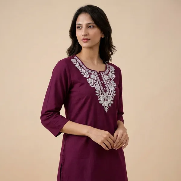 Rani_Pink_Pure_Cotton_Floral_Embroidery_Short_Kurta_Top_For_Women
