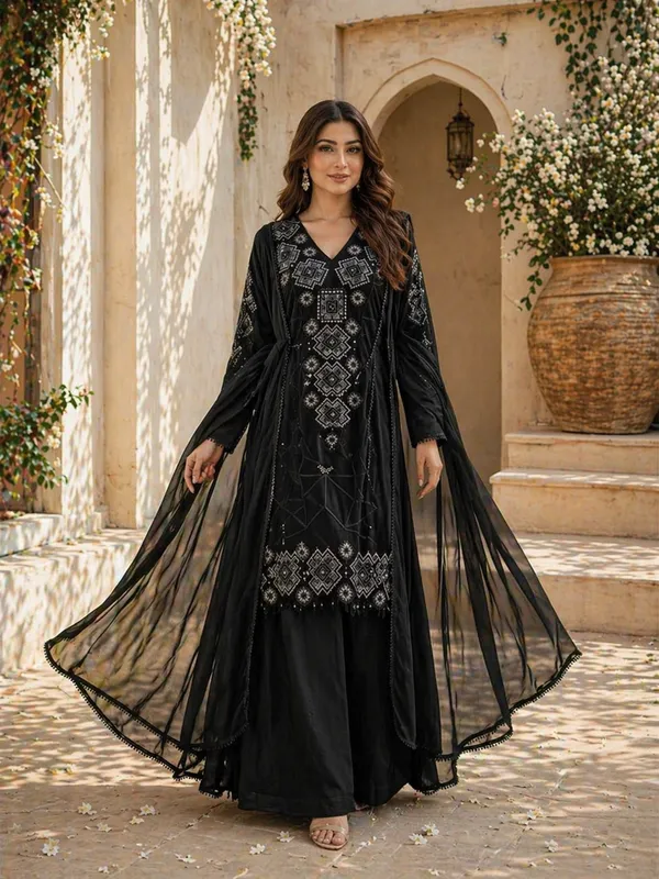 Black_Georgette_Embroidery_Kurta_Palazzo_Set_With_Dupatta_For_Women