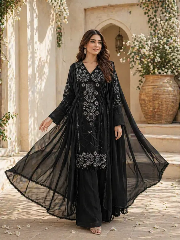 Black_Georgette_Embroidery_Kurta_Palazzo_Set_With_Dupatta_For_Women