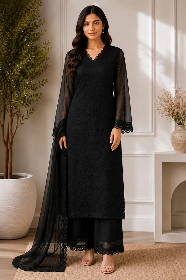 Black_Georgette_Chikankari_Embroidery_Kurta_With_Pant_And_Dupatta_For_Women