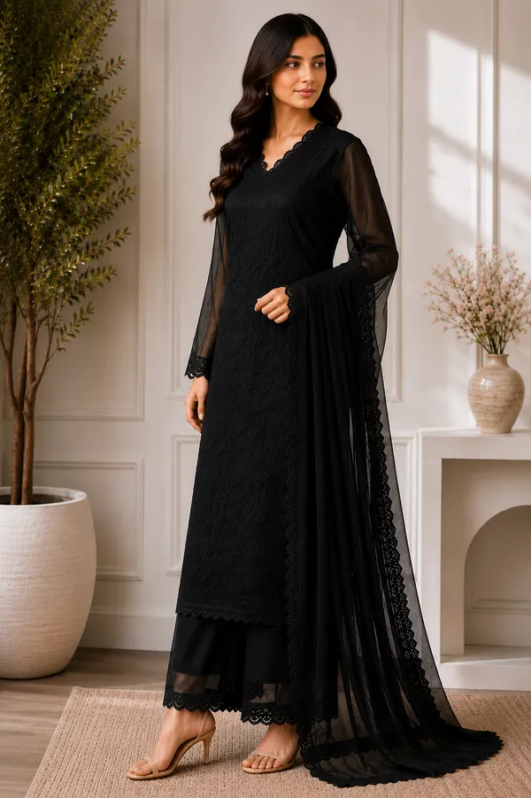 Black_Georgette_Chikankari_Embroidery_Kurta_With_Pant_And_Dupatta_For_Women