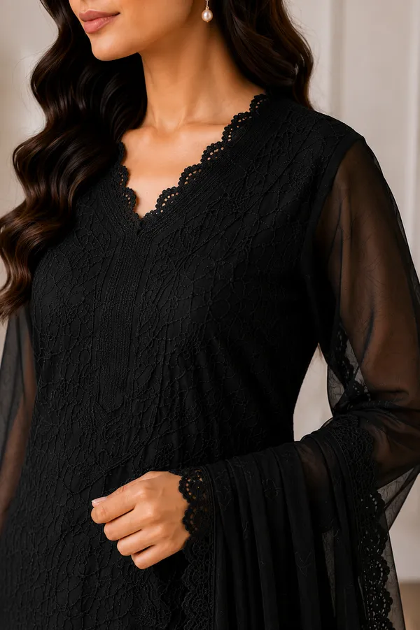 Black_Georgette_Chikankari_Embroidery_Kurta_With_Pant_And_Dupatta_For_Women