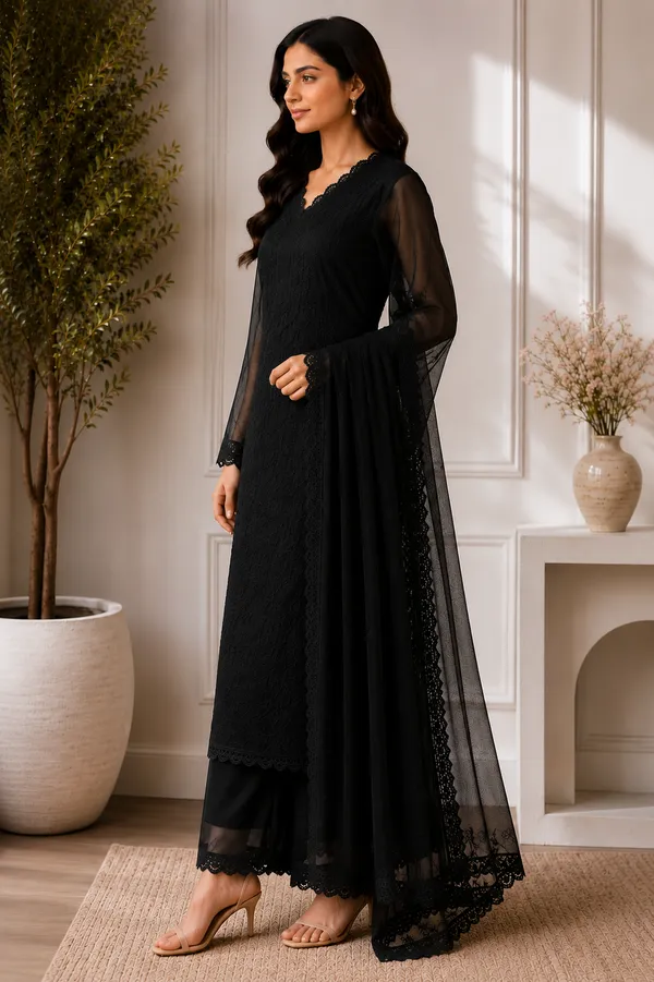 Black_Georgette_Chikankari_Embroidery_Kurta_With_Pant_And_Dupatta_For_Women
