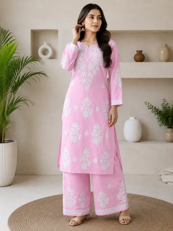 Baby_Pink_Rayon_Cotton_Chikankari_Embroidery_Kurta_With_Palazzo_For_Women