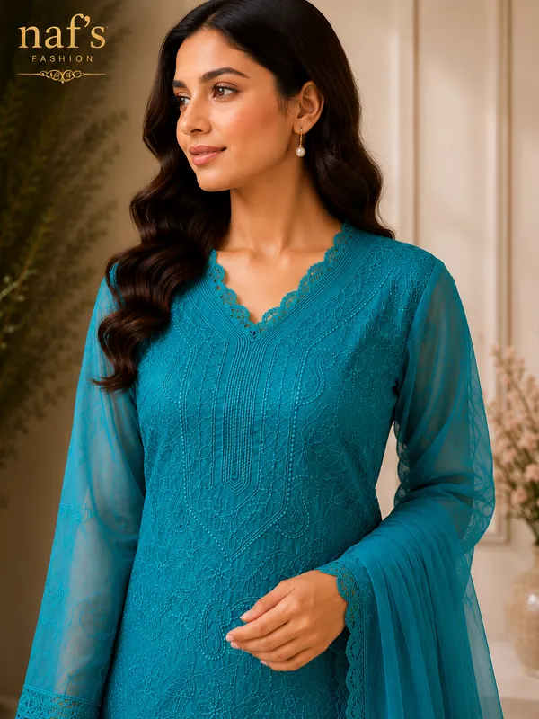 Pastel_Teal_Georgette_Chikankari_Embroidery_Kurta_With_Pant_And_Dupatta_For_Women