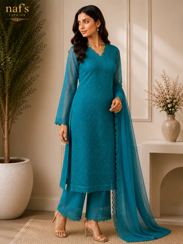 Pastel_Teal_Georgette_Chikankari_Embroidery_Kurta_With_Pant_And_Dupatta_For_Women