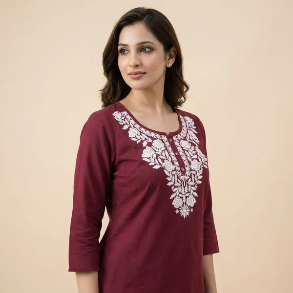 Maroon_Pure_Cotton_Floral_Embroidery_Short_Kurta_Top_For_Women