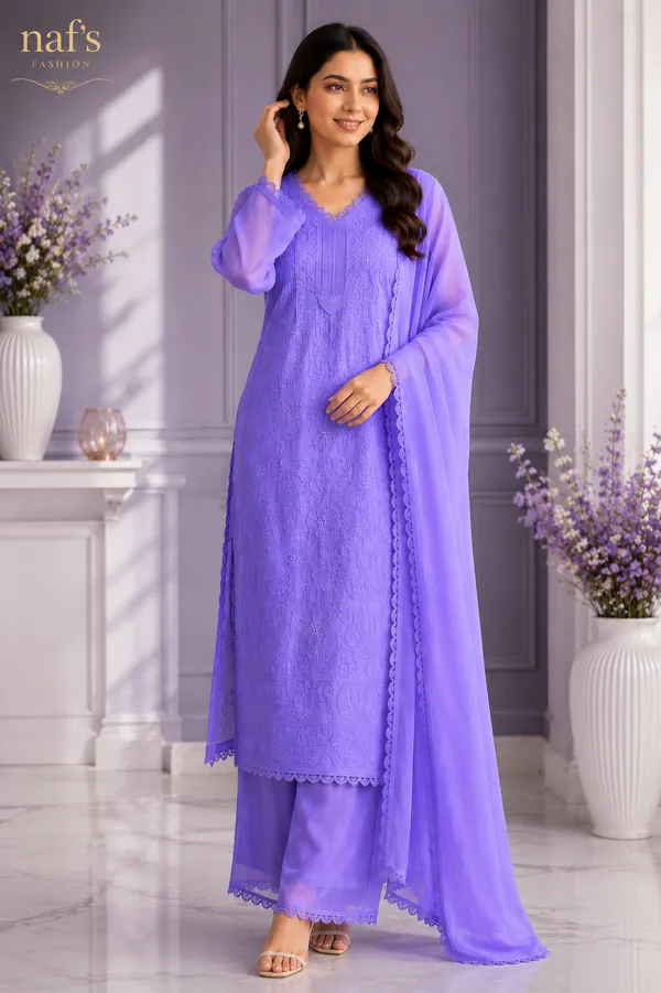 Lavender_Georgette_Chikankari_Embroidery_Kurta_With_Pant_And_Dupatta_For_Women