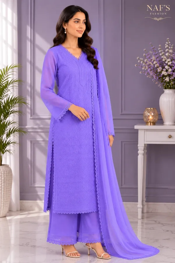 Lavender_Georgette_Chikankari_Embroidery_Kurta_With_Pant_And_Dupatta_For_Women