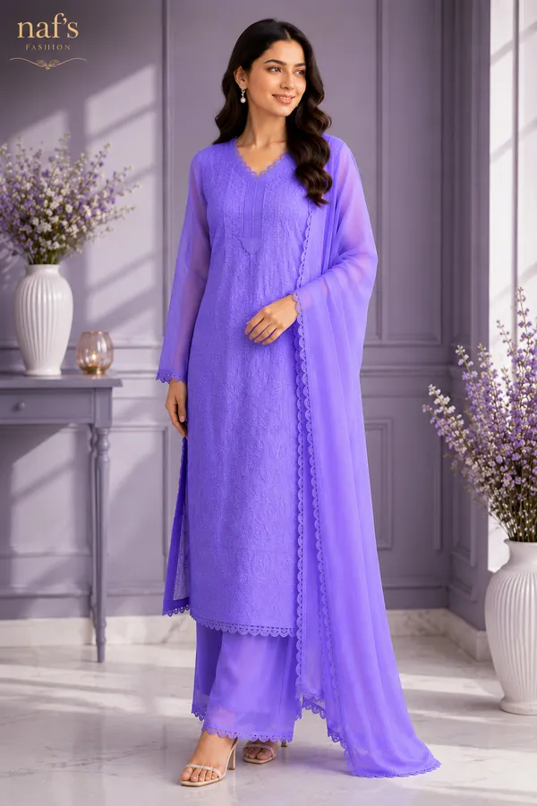 Lavender_Georgette_Chikankari_Embroidery_Kurta_With_Pant_And_Dupatta_For_Women