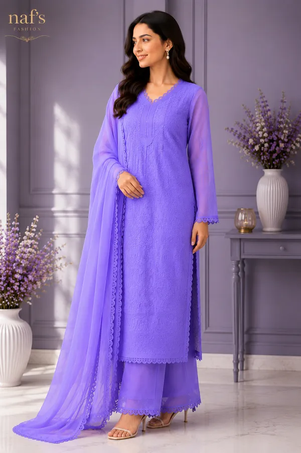 Lavender_Georgette_Chikankari_Embroidery_Kurta_With_Pant_And_Dupatta_For_Women