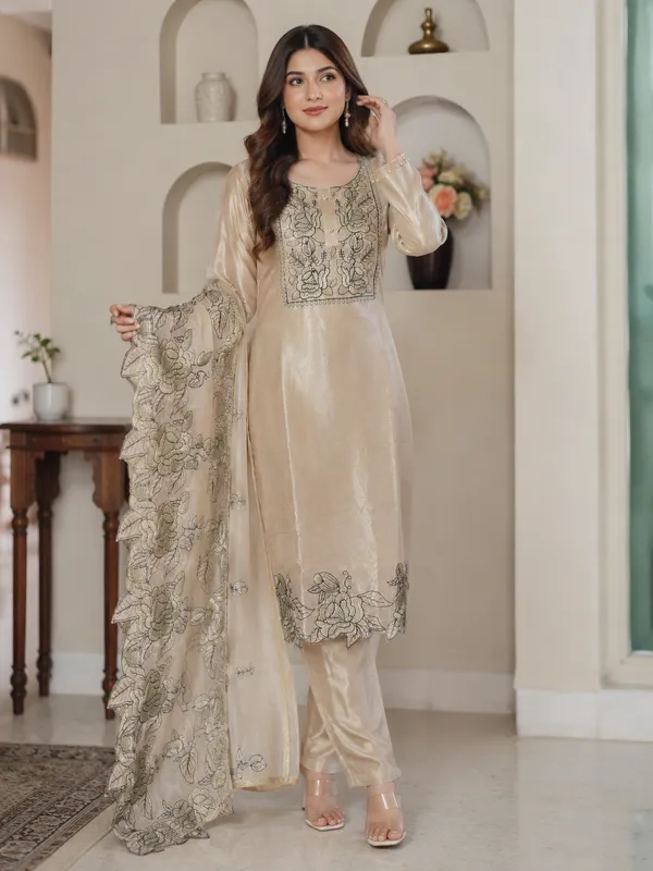 Metallic_Beige_Jimmy_Choo_Embroidered_Cut_Work_Kurta_With_Pant_&_Dupatta_Set