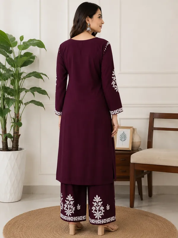 Wine_Rayon_Cotton_Chikankari_Embroidery_Kurta_With_Palazzo_For_Women