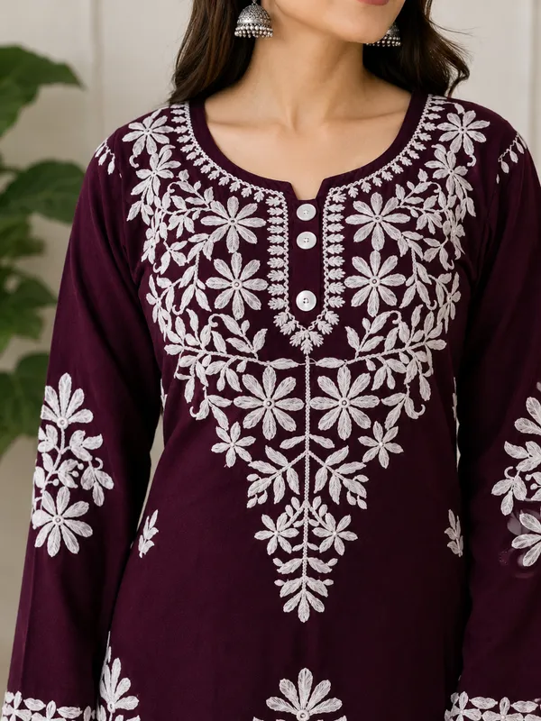 Wine_Rayon_Cotton_Chikankari_Embroidery_Kurta_With_Palazzo_For_Women