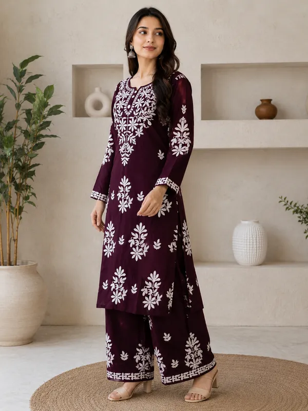 Wine_Rayon_Cotton_Chikankari_Embroidery_Kurta_With_Palazzo_For_Women