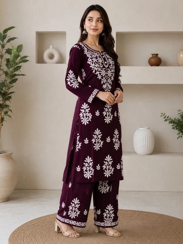 Wine_Rayon_Cotton_Chikankari_Embroidery_Kurta_With_Palazzo_For_Women