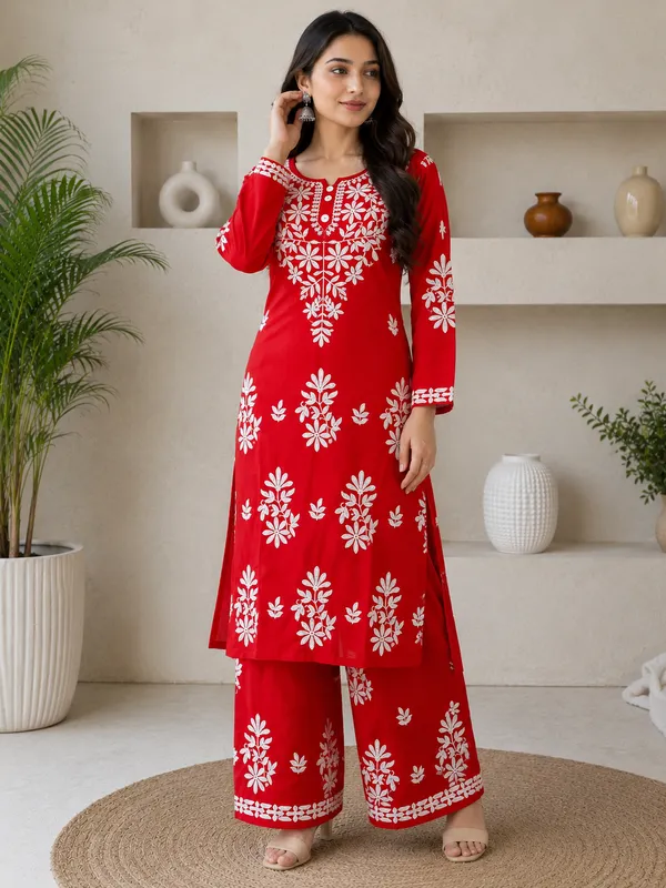 Red_Rayon_Cotton_Chikankari_Embroidery_Kurta_With_Palazzo_For_Women