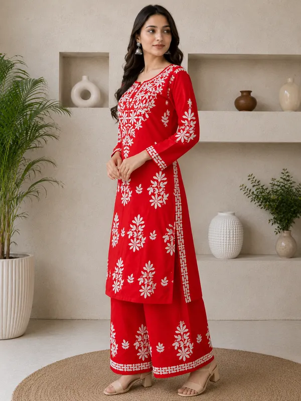 Red_Rayon_Cotton_Chikankari_Embroidery_Kurta_With_Palazzo_For_Women