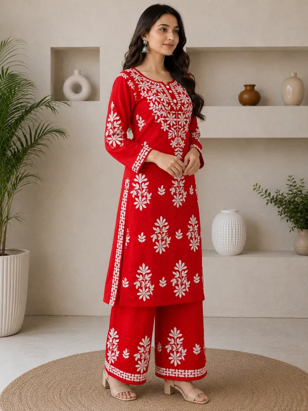 Red_Rayon_Cotton_Chikankari_Embroidery_Kurta_With_Palazzo_For_Women