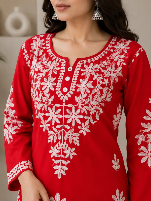 Red_Rayon_Cotton_Chikankari_Embroidery_Kurta_With_Palazzo_For_Women