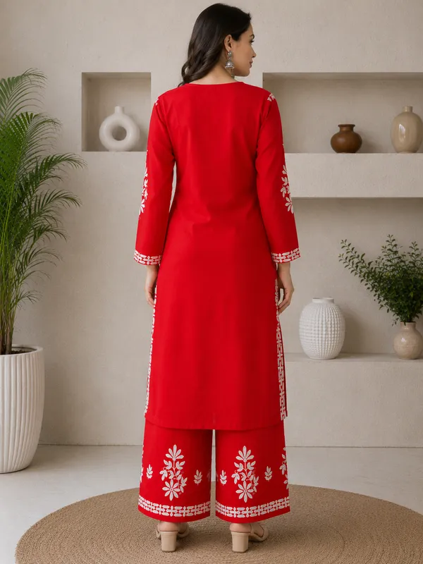 Red_Rayon_Cotton_Chikankari_Embroidery_Kurta_With_Palazzo_For_Women