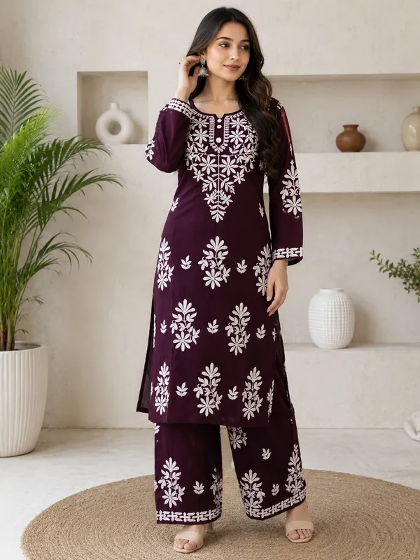 Wine_Rayon_Cotton_Chikankari_Embroidery_Kurta_With_Palazzo_For_Women
