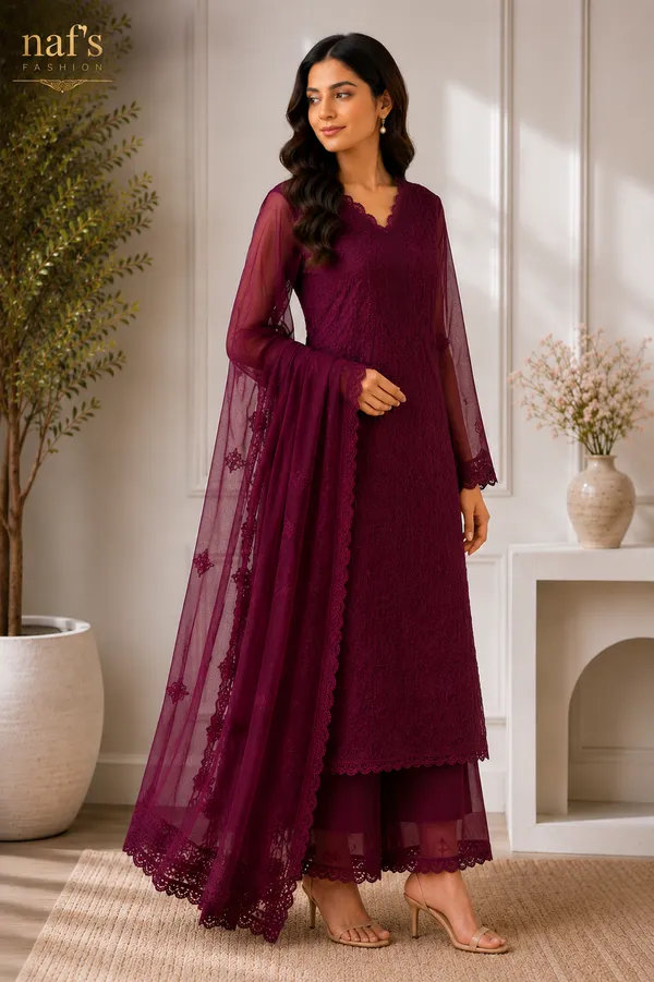 Wine_Georgette_Chikankari_Embroidery_Kurta_With_Pant_And_Dupatta_For_Women