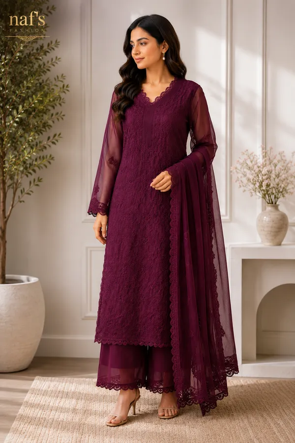 Wine_Georgette_Chikankari_Embroidery_Kurta_With_Pant_And_Dupatta_For_Women