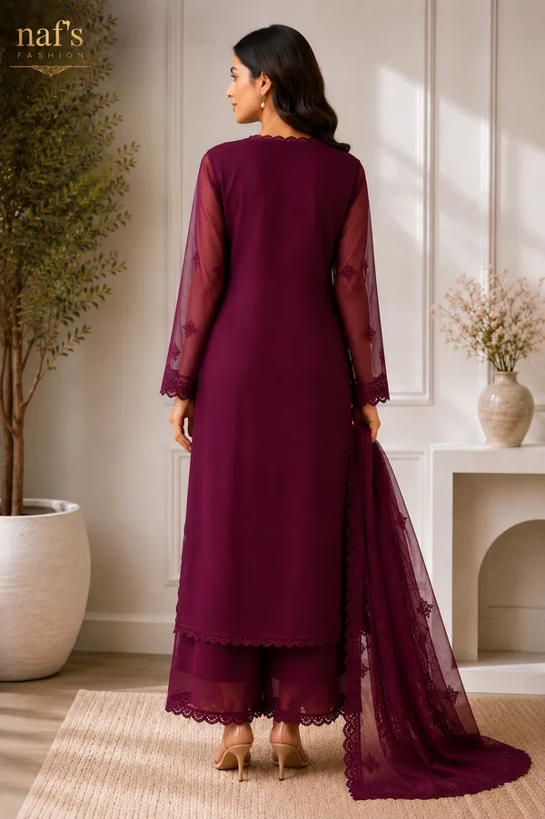 Wine_Georgette_Chikankari_Embroidery_Kurta_With_Pant_And_Dupatta_For_Women