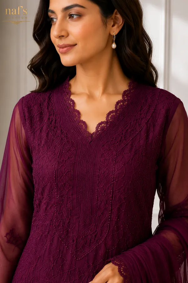 Wine_Georgette_Chikankari_Embroidery_Kurta_With_Pant_And_Dupatta_For_Women