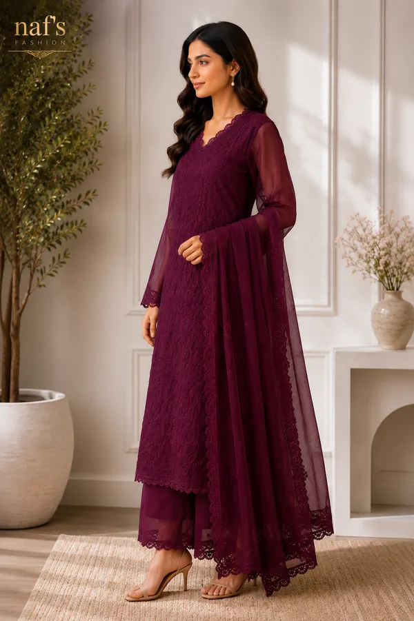 Wine_Georgette_Chikankari_Embroidery_Kurta_With_Pant_And_Dupatta_For_Women