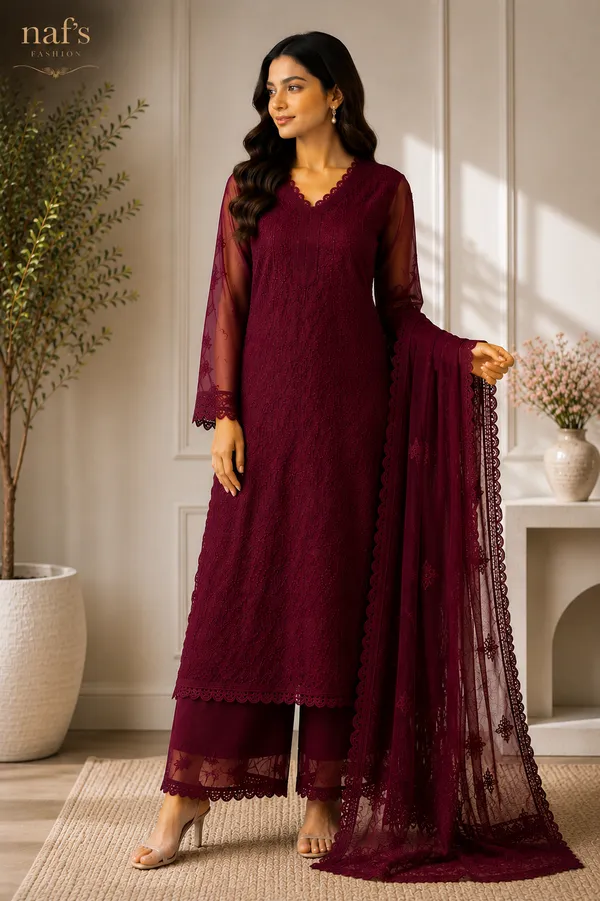 Wine_Georgette_Chikankari_Embroidery_Kurta_With_Pant_And_Dupatta_For_Women