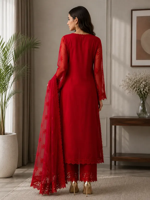 Red_Georgette_Chikankari_Embroidery_Kurta_With_Pant_And_Dupatta_For_Women