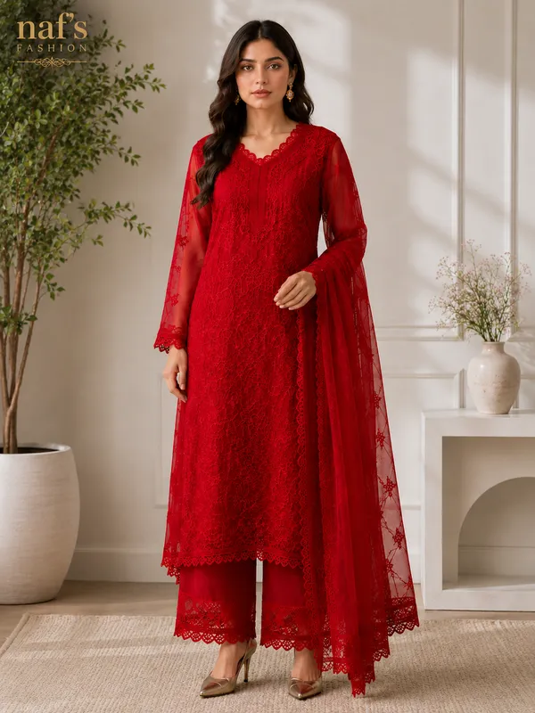 Red_Georgette_Chikankari_Embroidery_Kurta_With_Pant_And_Dupatta_For_Women
