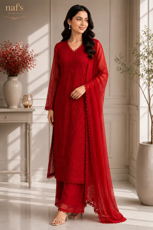 Red_Georgette_Chikankari_Embroidery_Kurta_With_Pant_And_Dupatta_For_Women