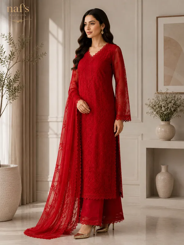 Red_Georgette_Chikankari_Embroidery_Kurta_With_Pant_And_Dupatta_For_Women