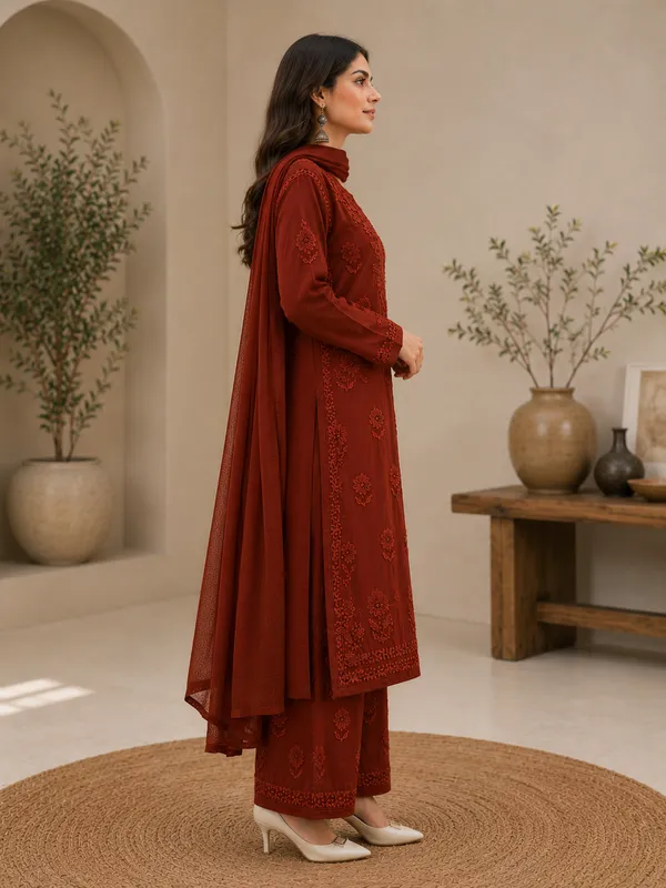 Brown_Georgette_Chikankari_Embroidery_Kurta_With_Pant_And_Dupatta_For_Women