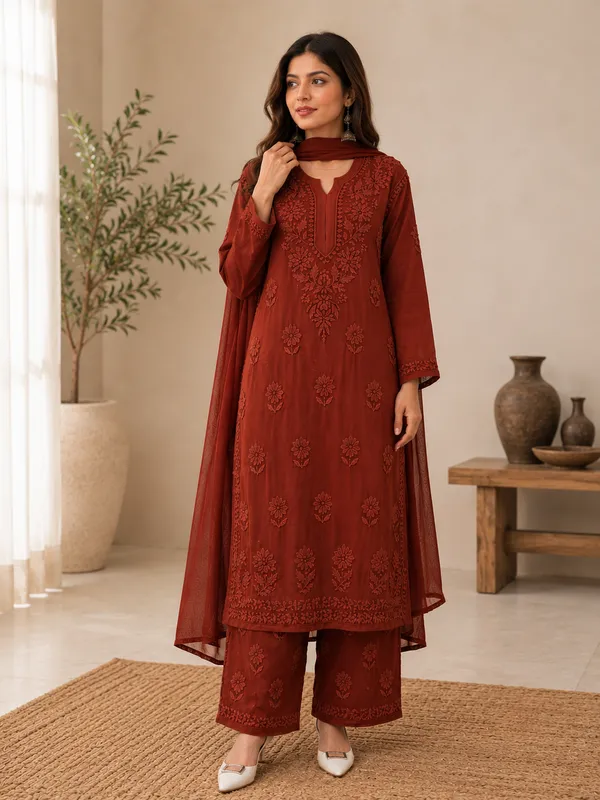 Brown_Georgette_Chikankari_Embroidery_Kurta_With_Pant_And_Dupatta_For_Women