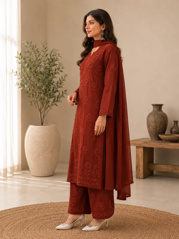 Brown_Georgette_Chikankari_Embroidery_Kurta_With_Pant_And_Dupatta_For_Women