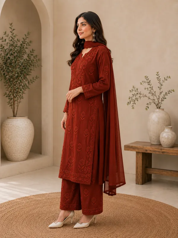 Brown_Georgette_Chikankari_Embroidery_Kurta_With_Pant_And_Dupatta_For_Women