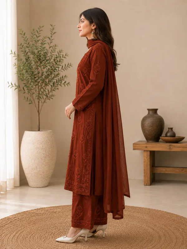 Brown_Georgette_Chikankari_Embroidery_Kurta_With_Pant_And_Dupatta_For_Women