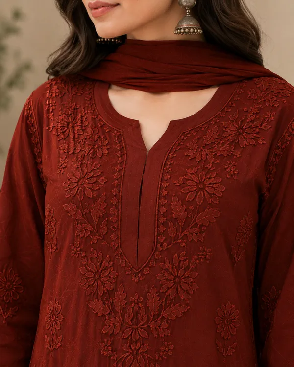 Brown_Georgette_Chikankari_Embroidery_Kurta_With_Pant_And_Dupatta_For_Women
