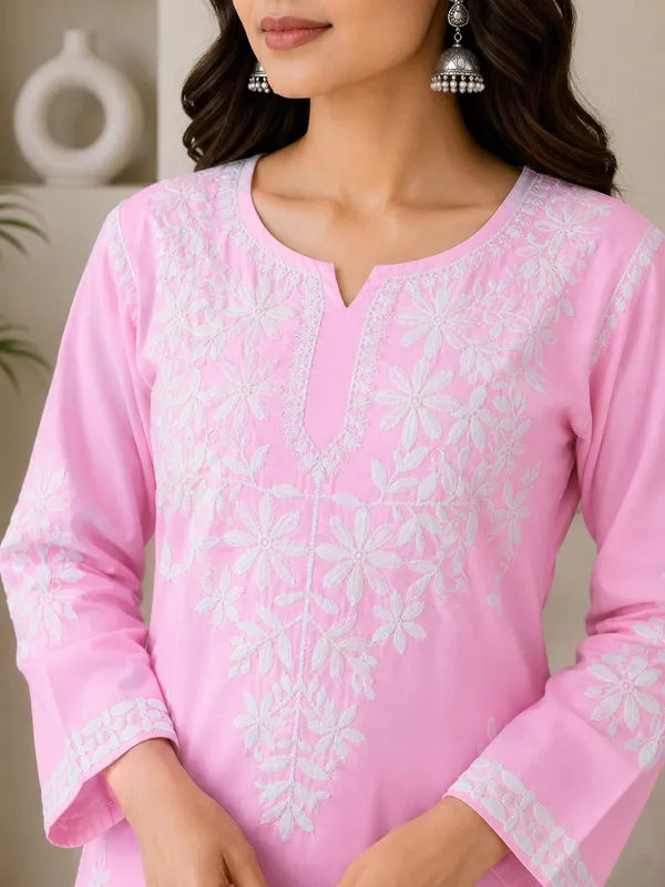 Baby_Pink_Rayon_Cotton_Chikankari_Embroidery_Kurta_With_Palazzo_For_Women