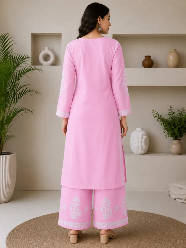 Baby_Pink_Rayon_Cotton_Chikankari_Embroidery_Kurta_With_Palazzo_For_Women