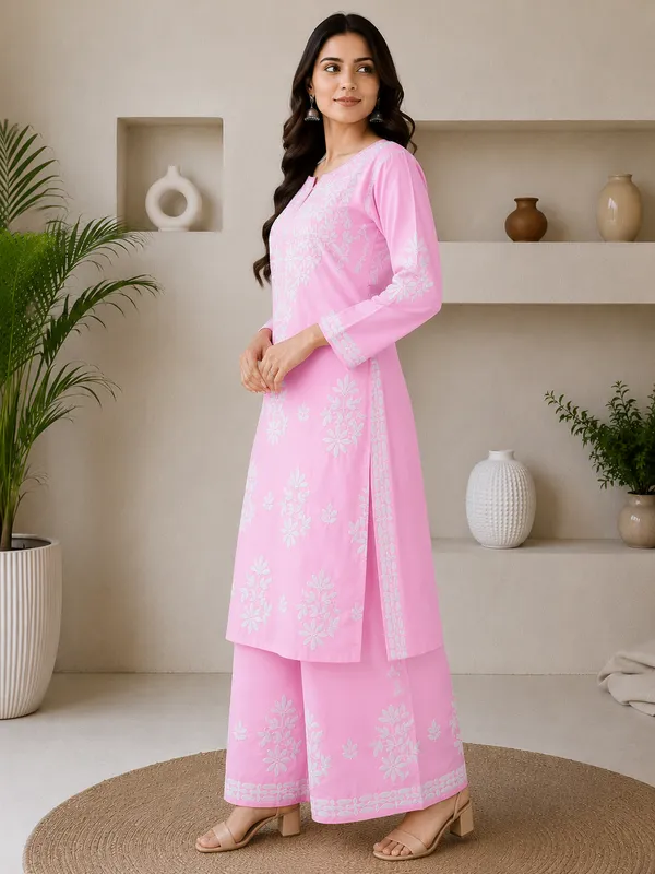 Baby_Pink_Rayon_Cotton_Chikankari_Embroidery_Kurta_With_Palazzo_For_Women